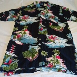 Laguna B Black Tropical Print Casual Button Down Shirt